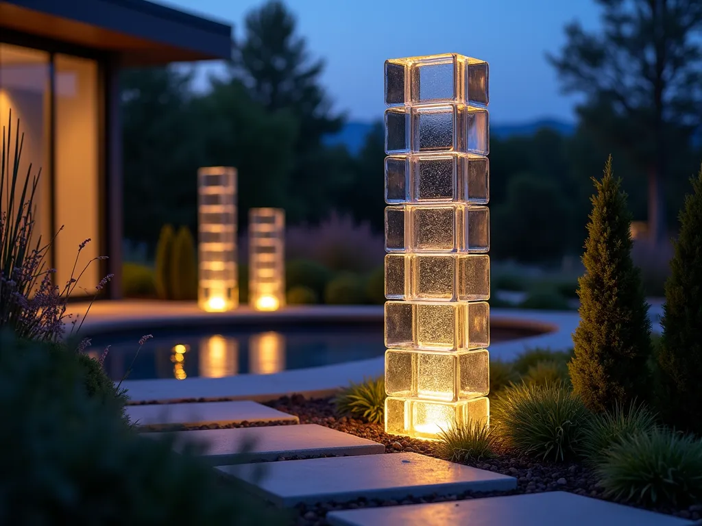 Illuminated Glass Block Tower at Dusk - A stunning architectural photograph at dusk of a modern 6-foot-tall glass block light tower in a contemporary garden setting. The tower, constructed from stacked glass blocks, emits a warm ethereal glow from internal LED lighting, creating dramatic shadows on the surrounding landscaping. The composition captures the tower from a slight low angle, with soft bokeh effects through the 16-35mm lens at f/2.8. In the background, matching smaller glass block pillars line a curved garden path, their illumination reflecting off a nearby water feature. Modern landscaping including ornamental grasses and sculptural evergreens frame the scene, while subtle landscape lighting creates depth. The twilight sky transitions from deep blue to purple, enhancing the magical atmosphere of the illuminated glass structure. Photorealistic, ultra-detailed, architectural photography style.