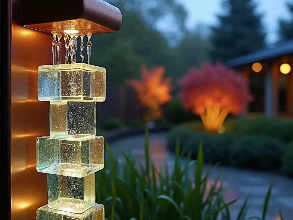 Glass Block Rain Chain at Dusk - A mesmerizing close-up shot at dusk of a modern glass block rain chain mounted on a copper-toned gutter corner. The translucent blocks are artistically stacked with precise central holes, creating a vertical water feature. Soft rain falls through the blocks, illuminated by warm garden lights, creating a stunning cascade effect. The background features a blurred contemporary garden with Japanese maple trees and ornamental grasses. Water droplets catch the light as they dance through each block, creating a magical prism effect. The glass blocks have a subtle blue-green tint, adding depth to the installation.