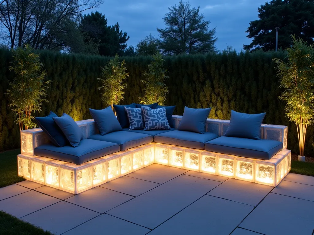 Illuminated Glass Block Garden Bench at Twilight - A modern garden seating area at twilight featuring a stunning L-shaped bench constructed from illuminated glass blocks, glowing with warm white light from within. The glass block base is artistically arranged in a geometric pattern, topped with plush gray waterproof cushions and decorative pillows. The seating area is set against a backdrop of ornamental grasses and bamboo, creating soft shadows. Shot from a three-quarter angle to showcase both the length and depth of the seating arrangement, with the glass blocks casting a ethereal glow onto a surrounding paved patio area. Captured with a wide-angle lens to show the context of the contemporary garden setting, with subtle landscape lighting highlighting the surrounding foliage. Professional architectural photography, 16-35mm lens, f/2.8, ISO 400, twilight blue hour lighting.