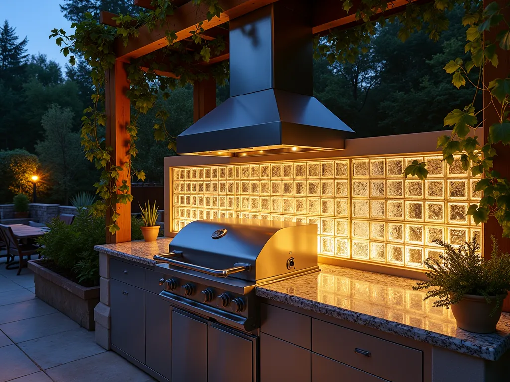 Illuminated Glass Block Kitchen Backsplash at Dusk - A sophisticated outdoor kitchen at dusk featuring a stunning glass block backsplash illuminated from within, casting a warm ambient glow. The backsplash spans the length of a modern stainless steel cooking area with sleek granite countertops. The glass blocks are arranged in an artistic pattern with varying transparencies, creating depth and visual interest. LED lighting between the blocks provides functional task lighting over the cooking surface. The scene is captured at a 45-degree angle, showing both the practical workspace and the decorative lighting effect. Mediterranean potted herbs line the countertop, while climbing jasmine frames the edges of the kitchen structure. The background shows a blurred view of a contemporary patio space with subtle landscape lighting.