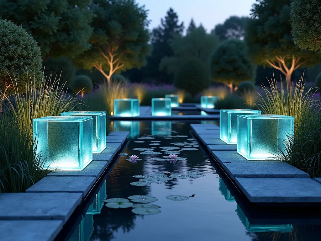 Illuminated Glass Block Pond Edge at Twilight - A serene twilight scene of a modernist garden pond where illuminated glass blocks create a stunning geometric edge, shot from a low angle. The blocks are arranged in varying heights, forming a contemporary sculptural border with integrated planting pockets containing cascading water plants and ornamental grasses. LED lights within the glass blocks emit a soft blue-white glow, creating magical reflections across the still water's surface. Natural stone paths weave between the glass features, while water lilies float peacefully on the pond's surface. The composition captures both the architectural elements and the natural wildlife habitat, with subtle reflections of the evening sky mirrored in both the water and glass surfaces, photorealistic, ultra-detailed, architectural photography style.