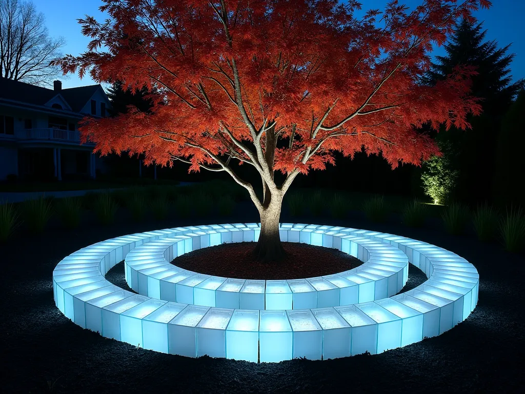 Illuminated Glass Block Tree Surround - A dramatic twilight photograph of a mature Japanese maple tree surrounded by a circular glass block installation in a contemporary garden setting. The artistic arrangement features frosted glass blocks set in a perfect circle, approximately 6 feet in diameter, creating a stunning halo effect around the tree's base. Soft LED lighting emanates from beneath the glass blocks, casting a ethereal blue-white glow that highlights the tree's graceful branches and creates intricate shadow patterns on the surrounding landscaping. The glass blocks are arranged in a stepped pattern, rising slightly towards the tree trunk, with small gaps between blocks for drainage. The surrounding garden features minimal, modern landscaping with dark mulch and select ornamental grasses, photographed with a wide-angle lens to capture the full composition while maintaining intimate detail of the glass block pattern. Shot at f/8 for optimal depth of field, capturing both the illuminated glass details and the broader garden context.