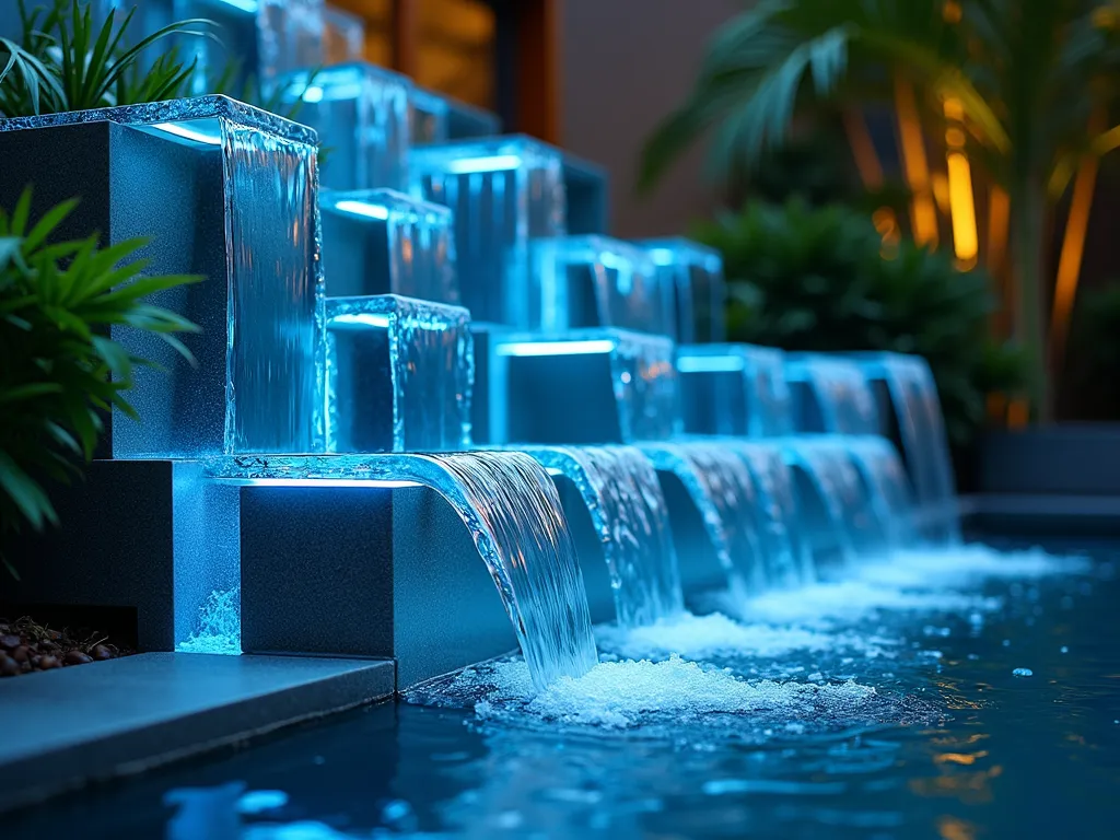 Illuminated Glass Block Waterfall at Dusk - A stunning close-up photograph of a modern glass block water feature in a contemporary garden setting at dusk. Crystal-clear water cascades down multiple levels of strategically stacked glass blocks, creating a mesmerizing waterfall effect. Blue-tinted LED lights illuminate the blocks from within, making the water shimmer and glow with an ethereal quality. The glass blocks are arranged in a geometric pattern, with some blocks protruding to create dynamic water movement. The background shows soft-focused tropical plants and bamboo, while the foreground captures the serene reflection pool at the base. Shot with a shallow depth of field highlighting the interplay of light, water, and glass. 16-35mm lens at f/2.8, ISO 400, capturing the magical transition between day and night.