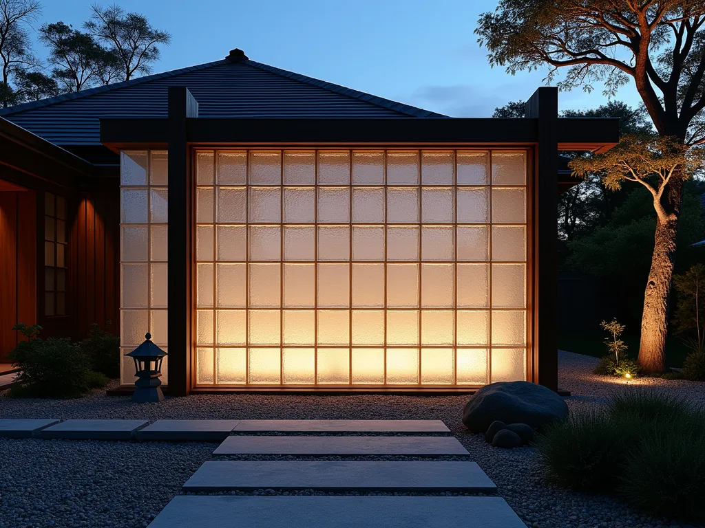 Japanese Glass Block Garden Screen at Twilight - A serene Japanese garden setting at twilight, featuring a stunning modernist glass block screen wall arranged in a minimalist grid pattern, standing 7 feet tall. The glass blocks emit a soft, ethereal glow as dusk light filters through them. Dark-stained cedar wooden posts and beams frame the glass block segments, creating an elegant architectural statement. The foreground showcases a peaceful zen garden with carefully raked gravel patterns, while carefully placed Japanese maple trees cast delicate shadows on the illuminated glass surface. A stone lantern sits nearby, complementing the contemporary-traditional fusion. Shot from a wide angle to capture the entire composition, with the glass block screen serving as a dramatic focal point against the deepening blue sky.