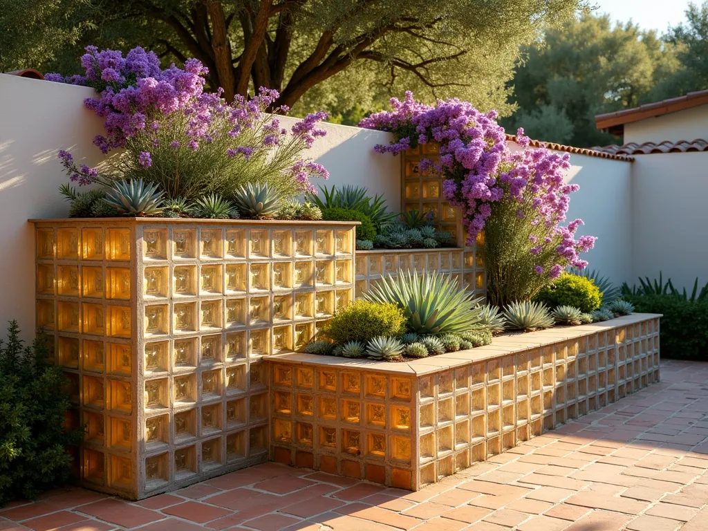 Mediterranean Glass Block Garden Planter at Sunset - A stunning Mediterranean-style raised garden planter photographed during golden hour, constructed with geometric patterns of translucent glass blocks. The modernist structure features three tiers of precisely arranged glass blocks creating a luminous architectural element. Cascading purple bougainvillea and silver-green artemisia spill elegantly over the edges, while drought-resistant succulents like echeveria and aeonium rosettes nest in dedicated planting spaces. Warm sunset light filters through the glass blocks, casting intricate shadow patterns on the terracotta patio below. The planter is positioned against a whitewashed stucco wall, with a mature olive tree providing dappled shade in the background. Shot with a wide-angle lens to capture the full architectural impact while maintaining intimate plant detail.