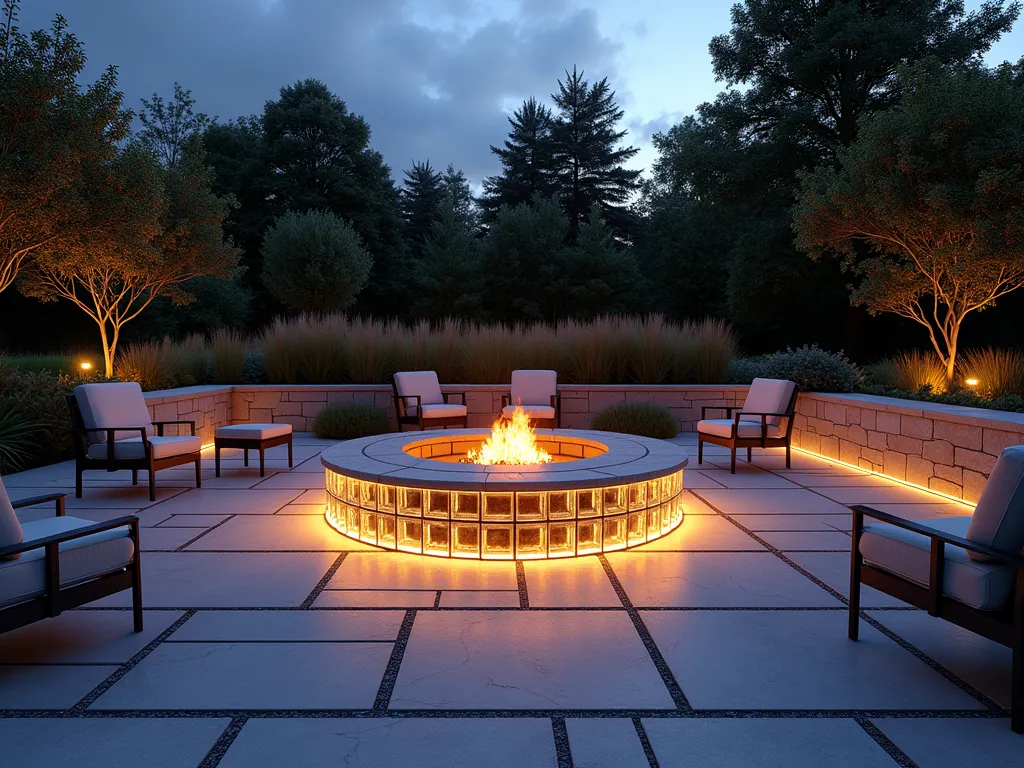 Modern Glass Block Fire Pit at Twilight - A mesmerizing twilight scene of a contemporary backyard patio featuring a circular fire pit surrounded by illuminated glass blocks. The blocks are arranged in a geometric pattern, creating a translucent barrier that captures and reflects the dancing flames within. The warm firelight filters through the glass blocks, casting ethereal patterns on the surrounding stone patio. Modern outdoor furniture is tastefully arranged around the fire pit, while ambient landscape lighting softly illuminates mature ornamental grasses in the background. Shot from a medium-low angle to emphasize the interplay of light and shadow, with the sky showing the deep blues and purples of dusk. Photorealistic, architectural photography style, 8k resolution.