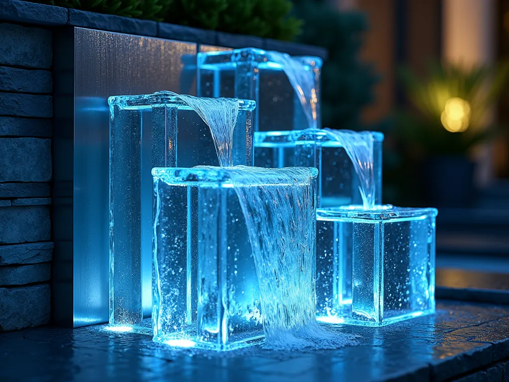 Modern Glass Block Water Feature with LED Illumination - A stunning close-up twilight shot of a contemporary garden fountain made from stacked clear glass blocks, creating a mesmerizing waterfall effect. Crystal-clear water cascades down multiple levels of illuminated glass blocks, each glowing with soft blue LED lights. The blocks are arranged in a sleek, geometric pattern against a dark stone wall, surrounded by modern landscaping with brushed steel accents. The water creates dynamic patterns as it flows through and over the translucent blocks, casting ethereal reflections on the surrounding patio space. Small jets of water emerge from between the blocks, adding movement and gentle water sounds. The scene is captured with a slight blur effect on the flowing water, emphasizing its fluid movement against the structured glass blocks.