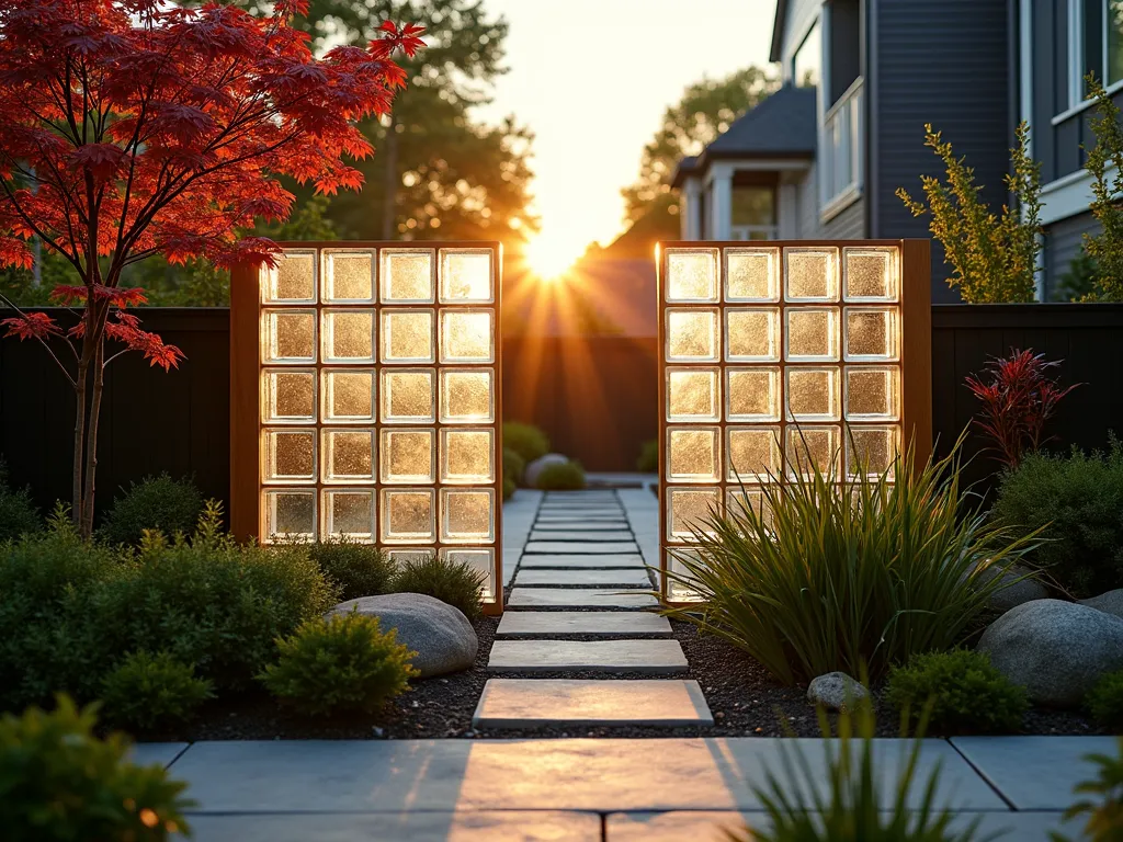 Modern Glass Block Garden Divider at Sunset - A modern backyard garden scene at golden hour, featuring an elegant glass block divider wall that separates a zen garden from a dining patio. The semi-transparent glass blocks are arranged in a striking alternating pattern, creating an artistic play of light and shadow. The divider stands 6 feet tall with frosted and clear blocks catching the warm sunset light. Japanese maple trees and ornamental grasses frame both sides, while LED ground lights illuminate the base. Shot from a 45-degree angle with a shallow depth of field highlighting the textural contrast between the geometric glass blocks and organic plant forms. The glass blocks reflect and refract the evening light, creating a magical atmosphere in the garden space.