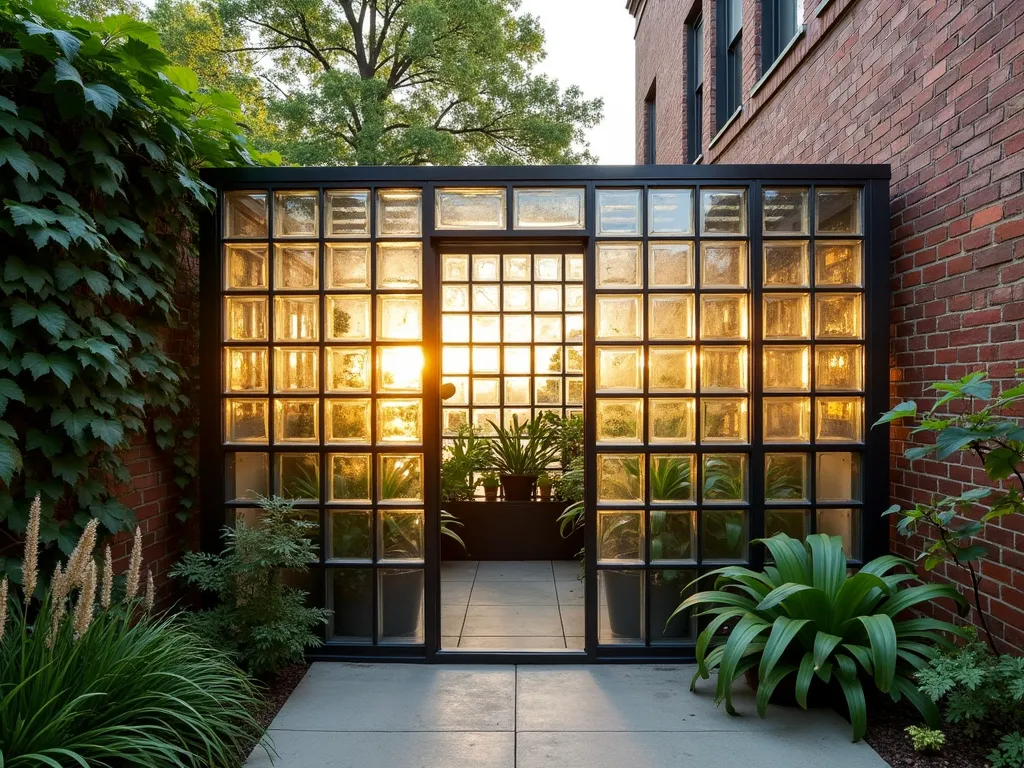 Modern Glass Block Greenhouse Corner - A stunning architectural photograph of a contemporary glass block greenhouse corner in a small urban garden, captured during golden hour. The structure features a seamless arrangement of frosted glass blocks forming two walls that meet at a 90-degree angle, rising 8 feet high. Diffused warm sunlight filters through the blocks, creating a ethereal atmosphere inside where lush tropical plants and orchids thrive. The greenhouse corner is nestled against a weathered brick wall covered in climbing ivy, with sleek metal framing painted matte black connecting the glass blocks. A minimalist concrete path leads to the entrance, flanked by ornamental grasses and Japanese maples. Shot with a wide-angle lens at f/8 to capture both the architectural details and the interplay of light through the translucent blocks, with careful attention to the golden hour lighting highlighting the texture of the glass blocks and surrounding foliage.