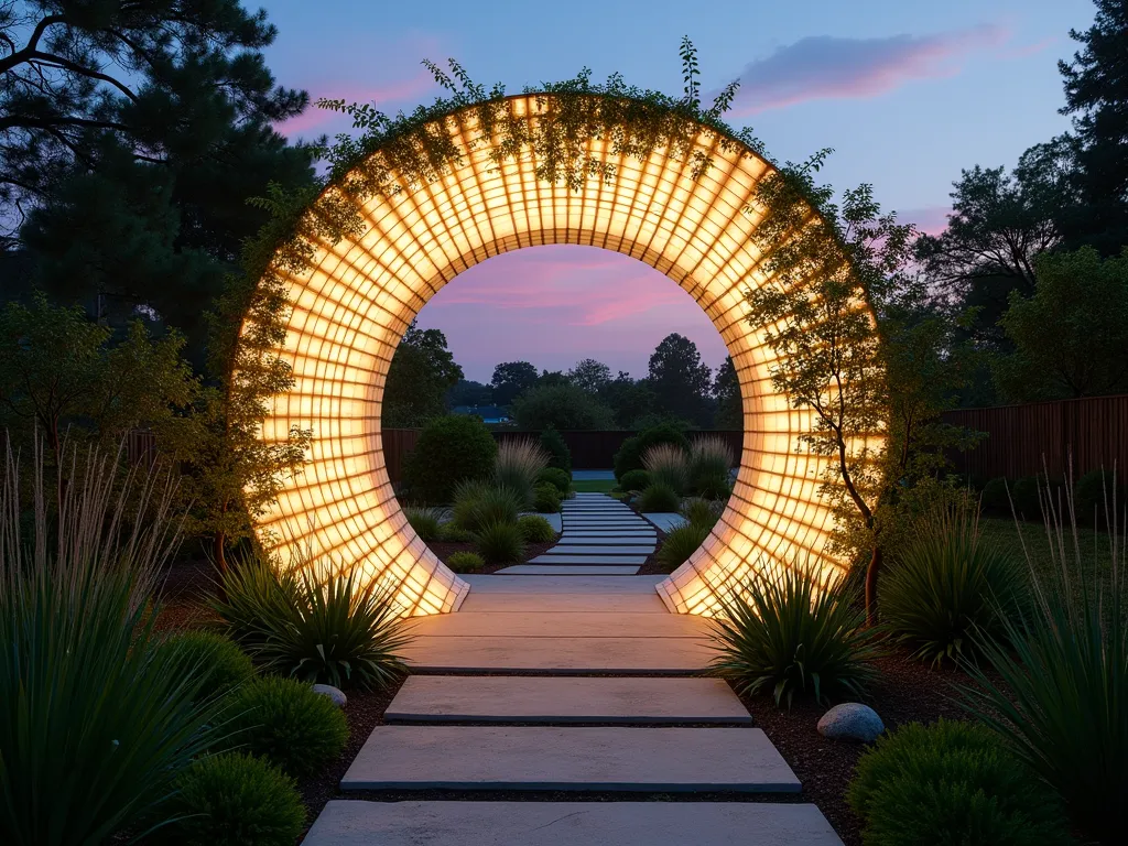 Modern Glass Block Moon Gate at Twilight - A stunning circular moon gate constructed from illuminated glass blocks creating a mesmerizing garden portal at twilight. The 8-foot-tall architectural feature glows with soft internal lighting, casting ethereal patterns across a manicured garden path. Contemporary landscaping surrounds the structure, with ornamental grasses and Japanese maples framing the perfect circle. The translucent blocks catch the last rays of sunset, creating a magical interplay of light and shadow. A natural stone pathway leads through the gate, while climbing jasmine delicately embraces the outer edges of the circular frame. Shot from a dramatic low angle perspective to emphasize the gate's commanding presence and architectural significance.