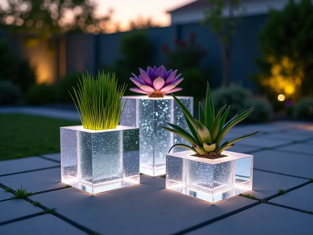 Modern Glass Block Garden Pedestal Display - A stunning dusk garden scene featuring a contemporary arrangement of illuminated glass blocks serving as pedestals for an artful display of plants. Three glass blocks of varying heights (2ft, 3ft, and 4ft) are arranged in a triangular formation on a modern slate patio. Each block glows with soft internal LED lighting, creating an ethereal floating effect for the carefully placed plants. The display includes a cascading Japanese Forest Grass, an architectural Snake Plant, and a flowering Purple Echeveria succulent. The glass blocks' translucent nature captures the golden hour light, casting prismatic patterns on the surrounding grey slate. Shot from a low angle perspective with shallow depth of field, emphasizing the floating appearance of the plants. The background features soft-focus garden foliage and subtle landscape lighting. DSLR camera, wide-angle lens, f/8, ISO 100, 1/125 sec, natural sunset lighting enhanced by subtle artificial illumination.