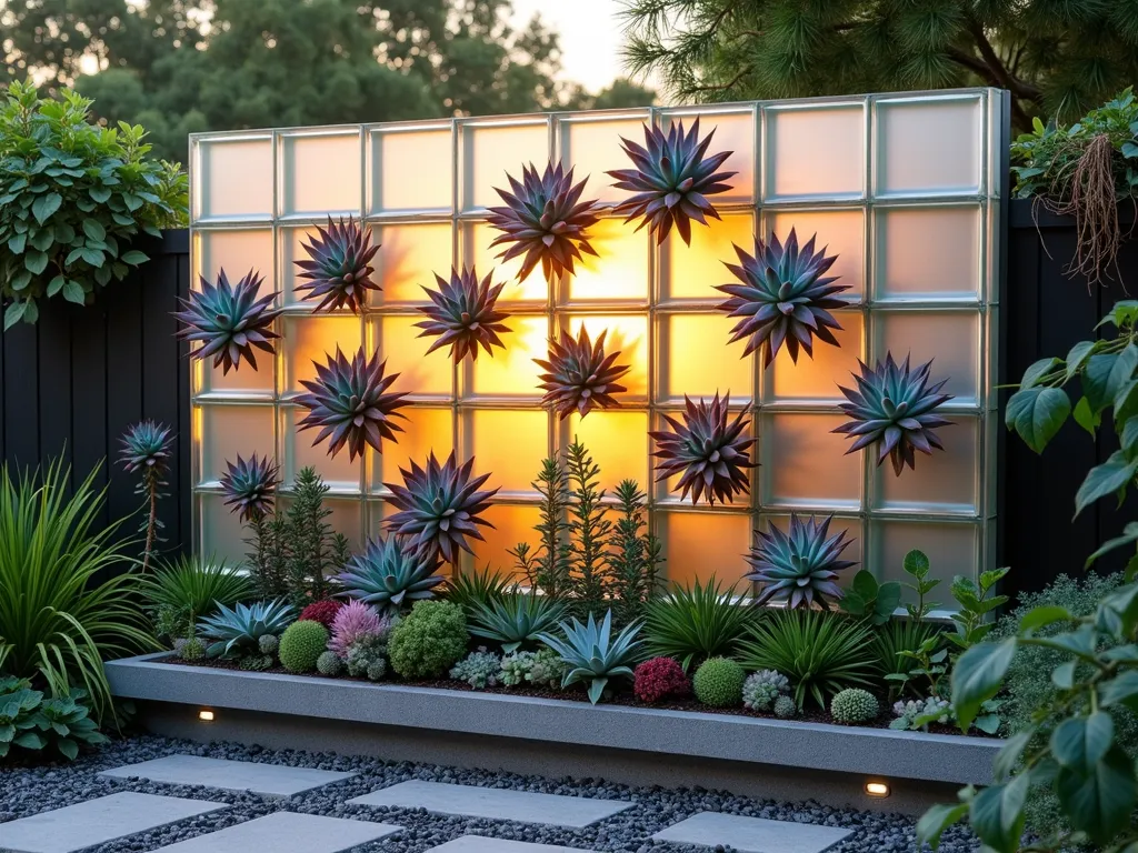 Modern Succulent Glass Block Living Wall - A stunning architectural living wall photographed at golden hour, featuring a geometric pattern of frosted glass blocks interspersed with vibrant succulents. The wall stands 8 feet tall, with carefully arranged blocks creating negative spaces where Echeveria, Sempervivum, and trailing Sedum cascade between the translucent blocks. Warm sunlight filters through the glass, creating a mesmerizing interplay of light and shadow. The composition is shot at a slight angle to capture both the depth and texture, with some blocks glowing from backlight while others reflect the setting sun. Small pockets of soil between blocks support the thriving succulents in various shades of blue-green, purple, and rose. The base features ornamental gravel and architectural lighting. Shot with a wide-angle lens to showcase the full scale and impact of this modern garden feature. 16mm, f/2.8, ISO 400, during golden hour.