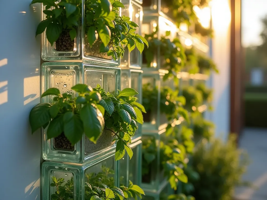 Modern Vertical Glass Block Herb Garden - A close-up perspective of a stunning vertical herb garden created with illuminated glass blocks arranged in a modern stepped pattern against a contemporary white wall. Fresh herbs including basil, thyme, and mint cascade from the openings of the pristinely arranged blocks. Soft evening lighting filters through the translucent blocks creating a mesmerizing glow, while water droplets on the herbs catch the light. The architectural feature spans 6 feet tall, photographed at golden hour with natural shadows adding depth. Sharp focus on the herbs in the foreground with a subtle bokeh effect on the background. Shot with a 35mm lens at f/2.8, capturing the interplay of light through the glass blocks.