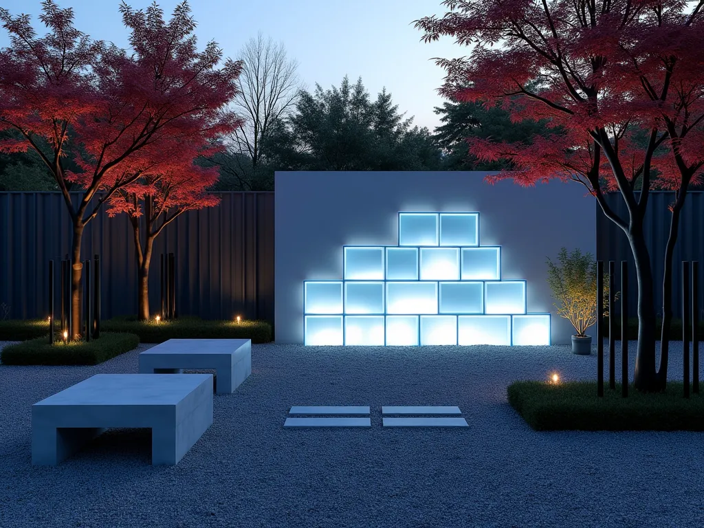 Modern Zen Glass Block Garden at Dusk - A serene modern Zen garden at dusk featuring an artistic arrangement of illuminated glass blocks creating a geometric light wall installation. The blocks are arranged in a minimalist pattern, some stacked vertically and others horizontal, casting ethereal blue-white light onto a meticulously raked gravel garden. Japanese maple trees with delicate red foliage frame the scene, while strategically placed black bamboo provides vertical accent. Clean-lined concrete benches complement the contemporary design. The composition is photographed from a wide angle, capturing the peaceful atmosphere as the sun sets, with subtle landscape lighting highlighting the textural contrasts between the smooth glass, rough gravel, and organic plant forms.