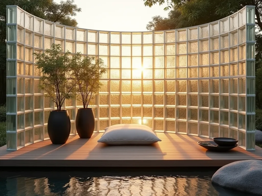 Serene Glass Block Meditation Garden - A tranquil outdoor meditation space at golden hour, featuring translucent glass block walls arranged in a curved semi-circle formation. The walls rise 7 feet high, creating an intimate sanctuary. Soft, filtered sunlight streams through the glass blocks, casting ethereal patterns on a floating wooden platform deck. A minimalist meditation cushion in natural linen sits centered on the deck, accompanied by two small zen bamboo plants in matte black ceramic planters. The space is accented with smooth river rocks and a small tabletop water feature. Shot with a wide-angle lens capturing the entire space while emphasizing the interplay of light through the glass blocks. The background shows a gentle gradient of sunset colors filtered through the translucent walls, creating a dreamy, peaceful atmosphere. Professional DSLR capture at f/8, ISO 100, 1/125 sec, emphasizing the crystalline quality of the glass and the interplay of light and shadow.