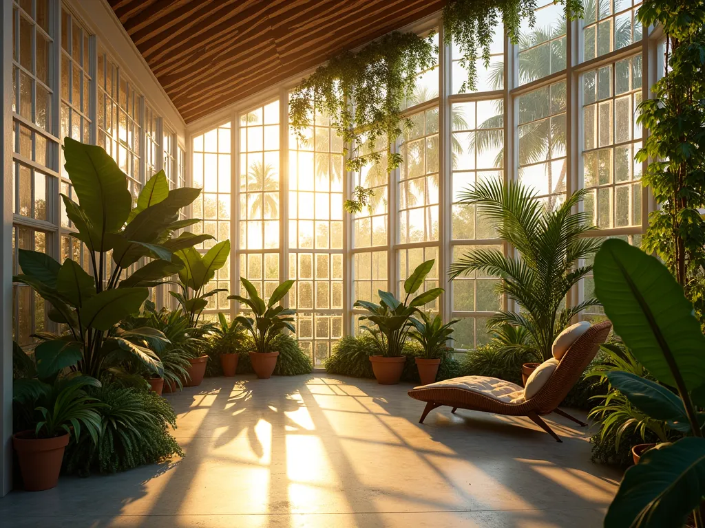 Luxurious Tropical Glass Block Garden Room at Sunset - A stunning semi-enclosed garden room with floor-to-ceiling glass block walls catching the warm golden sunset light, creating a magical prismatic effect. The modern structure features sleek white glass blocks arranged in an elegant pattern, housing lush tropical plants including towering bird of paradise, hanging orchids, and dramatic monstera deliciosa. The filtered light creates enchanting shadows and patterns on the polished concrete floor. Through the translucent walls, you can see the silhouettes of palm trees swaying in the garden beyond. A comfortable rattan lounge chair sits in one corner, surrounded by potted bamboo and tropical ferns. The ceiling is partially open with trailing philodendrons cascading down, while climbing vines weave between the glass blocks. Shot from a wide angle to capture the entire ethereal space, emphasizing the interplay of light, architecture, and nature.