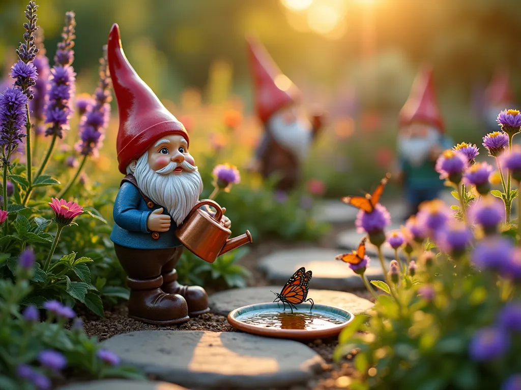 Enchanted Butterfly Gnome Sanctuary - A close-up DSLR photo of a whimsical garden scene at golden hour, featuring ceramic gnomes in gardening attire tending to a lush butterfly sanctuary. In the foreground, a detailed gnome with a tiny copper watering can nurtures vibrant purple butterfly bush blooms. The scene is alive with painted lady and monarch butterflies hovering around colorful lantana clusters and lavender stems. A small, hand-painted ceramic bird bath serves as a butterfly water station, its surface catching golden sunlight. Natural stone pathways wind through patches of purple coneflowers and pink butterfly weed. Soft bokeh effect in background shows more gnomes with miniature rakes and spades among butterfly-friendly wildflowers. The lighting is warm and dreamy, creating a magical atmosphere with sun rays filtering through the foliage, f/8 aperture, ISO 100, shot with a wide-angle lens at 1/125 shutter speed.