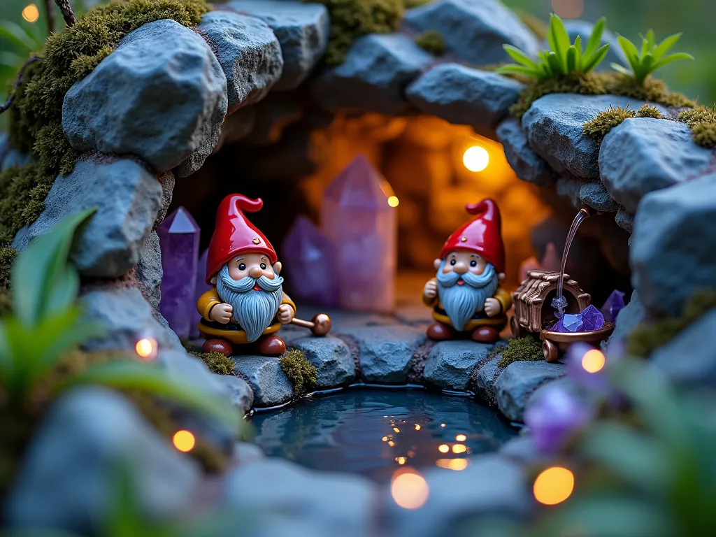 Enchanted Crystal Cave Gnome Grotto - Close-up twilight shot of a miniature crystal cave grotto in a garden corner, captured with a 16-35mm lens at f/2.8, ISO 400. Weathered gray rocks form a natural cave archway adorned with amethyst and quartz crystals. Two detailed ceramic mining gnomes with red caps and gray beards work with tiny copper pickaxes near a rustic wooden mine cart. Soft blue LED lights illuminate the crystals from hidden spots, creating ethereal shadows. A small copper water fountain trickles down crystal-embedded rocks into a shallow pool, casting rippled reflections. Tiny fairy lights weave through miniature ferns and moss growing between the rocks. The scene is photographed from a low angle, emphasizing the magical underground atmosphere while capturing the garden context beyond the grotto.