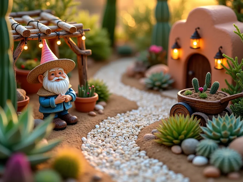 Desert Gnome Succulent Paradise - A close-up magical fairy garden scene showcasing a charming miniature desert landscape at golden hour. Multiple levels of colorful succulents including echeveria rosettes, jade plants, and barrel cacti create a layered garden effect. A whimsical ceramic gnome wearing a wide-brimmed straw hat sits beneath a tiny wooden pergola decorated with string lights. Winding paths made of terra cotta colored sand and white pebbles lead to a miniature adobe-style fairy house. Small copper lanterns illuminate the paths, while a vintage miniature wagon filled with tiny potted cacti adds rustic charm. Desert accents include small painted rocks, a tiny oasis with a copper water feature, and miniature desert wildflowers. The scene is photographed from a slightly elevated angle to capture the intricate details, with soft sunset lighting casting long shadows across the magical desert garden.