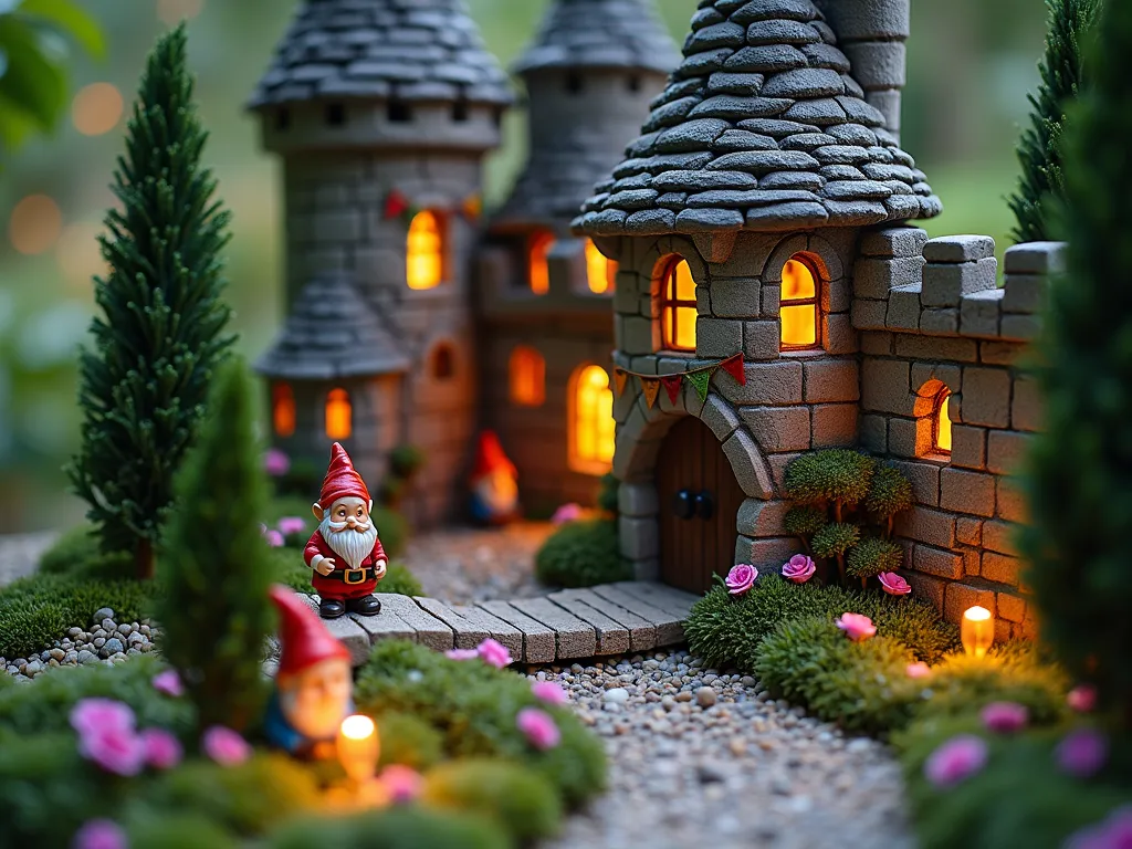 Enchanted Gnome Castle Garden at Twilight - A magical close-up shot of a meticulously crafted miniature stone castle nestled in a garden corner at twilight. The castle features intricate towers with tiny glowing windows, a working wooden drawbridge over a small pebble moat, and moss-covered walls. Royal gnomes in regal attire are positioned throughout the courtyard, which is adorned with miniature rose bushes and lavender. Tiny colored paper lanterns and medieval banners flutter from the castle towers. The scene is surrounded by dwarf cypress trees and creeping thyme, creating a lush backdrop. Soft, warm lighting casts enchanting shadows across the castle walls, while small twinkling solar lights illuminate the pathway leading to the castle entrance. The detail captures the whimsical intersection of fantasy and garden architecture, photographed from a slightly elevated angle to showcase the entire magical scene.