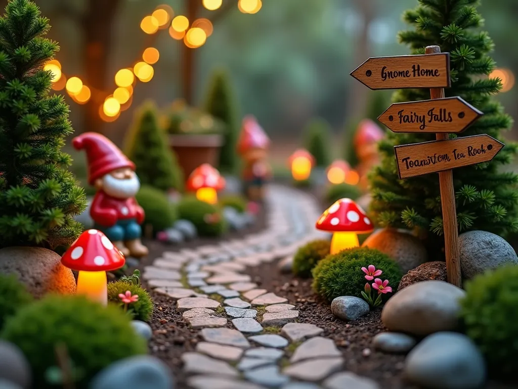 Enchanted Gnome Forest Path at Dusk - A magical close-up shot of a winding miniature garden path at dusk, illuminated by tiny glowing lanterns. The path is crafted from small natural stones and lined with dwarf conifers and miniature boxwood bushes. Whimsical ceramic gnomes in vibrant colors are positioned along the trail, some sitting on red and white spotted toadstool seats. Delicate fairy lights twinkle in the miniature trees, creating a warm, ethereal ambiance. Handcrafted wooden signposts with ornate arrows point to 'Gnome Home', 'Fairy Falls', and 'Toadstool Tea Room'. Moss-covered rocks and tiny flowering plants add texture, while a gentle mist hovers near the ground, enhancing the magical atmosphere. The path curves invitingly into the background, where more twinkling lights suggest further whimsical scenes, photorealistic style, soft bokeh effect.