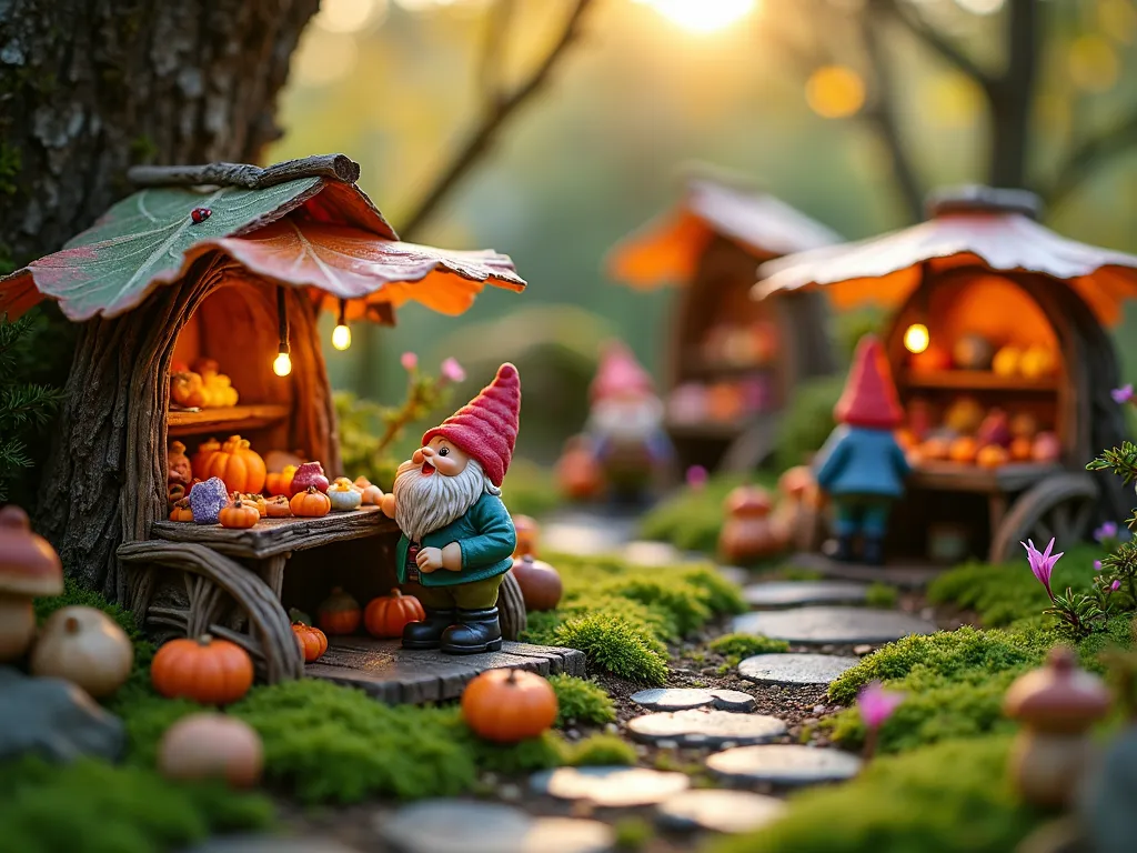 Enchanted Gnome Market at Twilight - A close-up, magical scene of a miniature gnome marketplace nestled in a garden corner, photographed during golden hour with soft, warm lighting filtering through tree branches. Tiny merchant gnomes in colorful attire tend elaborate stalls crafted from twigs, bark, and moss. Market carts overflow with miniature pumpkins, crystals, and woodland treasures. Delicate leaf awnings, created from Japanese maple leaves and gossamer fabric, flutter in the breeze. Mushroom caps serve as umbrella covers for some stalls, while tiny lanterns made from acorns glow with warm light. The scene is set against a backdrop of blooming fairy roses and dwarf conifers, with scattered patches of thyme creating natural pathways between the stalls. Captured with a 16-35mm lens at f/2.8, ISO 400, creating a dreamy depth of field that emphasizes the intricate details while maintaining the magical atmosphere.