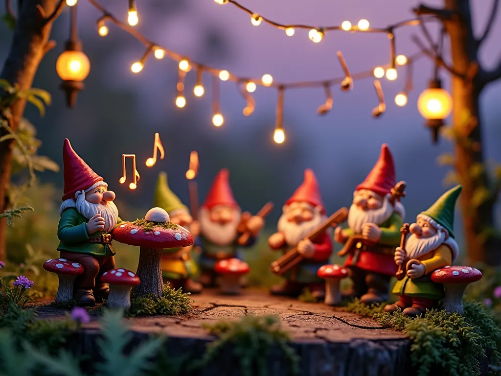 Enchanted Gnome Orchestra Garden at Twilight - A magical close-up shot of a miniature fairy garden orchestra at twilight, featuring cheerful gnomes in colorful outfits performing on a rustic wooden bandstand crafted from twigs and adorned with tiny glowing lanterns. The conductor gnome stands on a red toadstool podium, directing fellow gnomes playing miniature instruments including violins, flutes, and drums. Delicate copper wire music notes float above, wrapped with twinkling fairy lights. The audience of smaller gnomes and fairies sit on rings of spotted mushroom seats, surrounded by dwarf mondo grass and tiny wildflowers. Baby's tears plants cascade down the bandstand's edges, while miniature string lights weave through delicate ferns creating a dreamy atmosphere. Soft purple twilight sky in background with fireflies adding magical sparkle. Photorealistic, highly detailed, magical atmosphere, soft evening lighting.