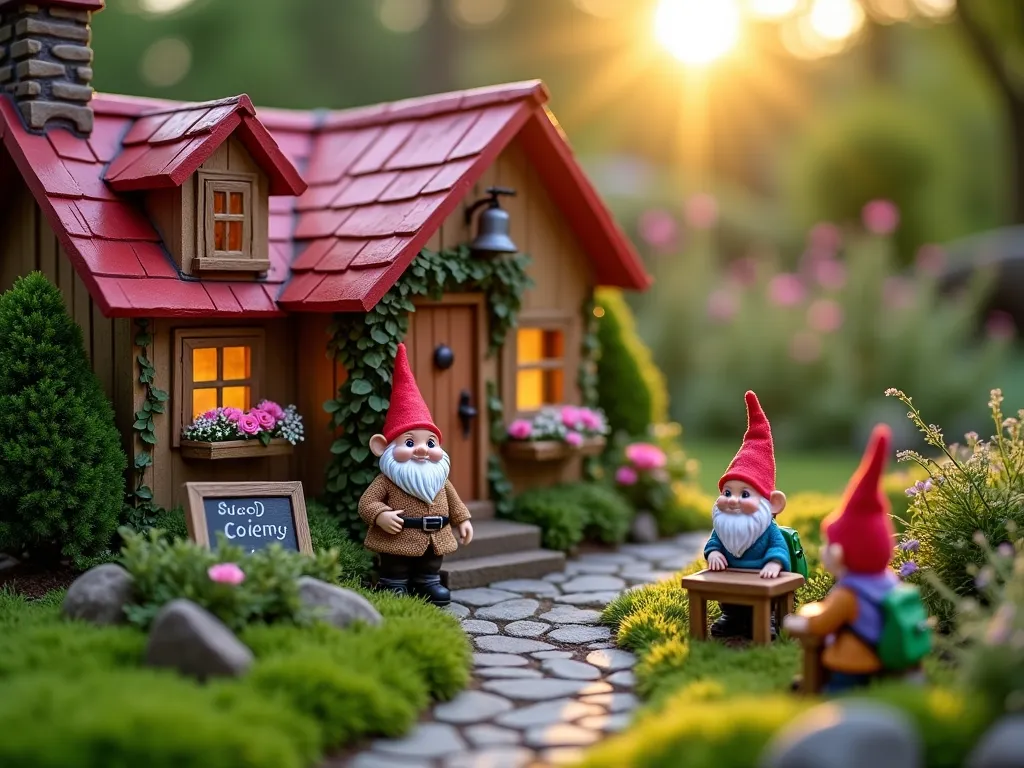 Enchanted Gnome Schoolhouse Garden - Close-up shot of a whimsical miniature gnome schoolhouse nestled in a lush garden corner, captured during golden hour. A charming moss-covered stone path leads to a tiny red-roofed cottage schoolhouse with miniature window boxes filled with baby's breath and tiny pink roses. A teacher gnome in a tweed jacket stands by a miniature chalkboard on the wooden porch, while student gnomes with colorful caps and tiny backpacks gather around rustic wooden desks in the garden. A delicate bell tower adorned with climbing ivy rises above, casting gentle shadows. The scene is framed by dwarf boxwood shrubs and miniature fairy roses, with patches of Irish moss creating a natural playground. Twinkling solar lights illuminate the schoolhouse windows, creating a magical atmosphere. Shot with professional DSLR camera, wide-angle lens, f/8 aperture, ISO 100, 1/125 shutter speed, capturing intricate details and natural lighting.