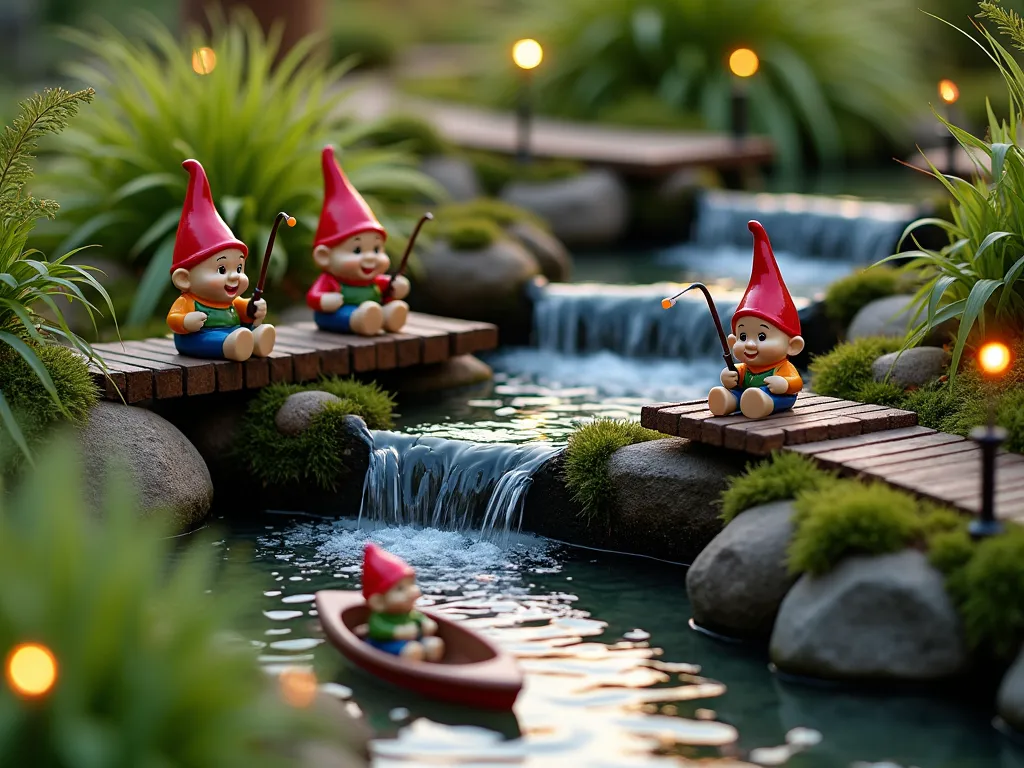 Enchanted Gnome Waterfall Garden at Dusk - A magical miniature waterfall garden scene captured at dusk with golden hour lighting, shot at f/2.8 with soft bokeh. A three-tiered waterfall cascades over moss-covered stones, creating gentle ripples in the crystal-clear pools below. Two cheerful ceramic gnomes sit on tiny wooden docks, holding miniature fishing rods with their feet dangling over the water. Natural stone steps connect the levels, adorned with dwarf mondo grass and tiny ferns. Delicate fairy lights illuminate the scene, reflecting off the water's surface. Small wooden bridges with intricate railings span across the narrow streams, while a gnome in a red cap steers a tiny rowboat in the lower pool. Japanese forest grass and miniature hostas frame the edges, creating a lush, enchanted atmosphere. The scene is perfectly proportioned within a curved garden bed, creating a whimsical focal point in a larger backyard landscape.