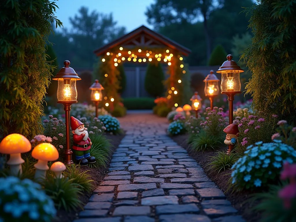 Enchanted Nighttime Fairy Garden with Illuminated Gnomes - A magical twilight garden scene captured with a wide-angle lens, featuring a winding cobblestone path illuminated by warm, glowing solar-powered fairy lights strung between vintage copper posts. Garden gnomes with glowing lanterns are strategically placed along the path, casting soft shadows on nearby flowering plants. Luminescent mushrooms in various sizes dot the landscape, emitting an ethereal blue-green glow. Japanese maples and weeping willows frame the scene, their silhouettes dramatic against the deep blue dusk sky. Twinkling firefly lights dance among the foliage, while phosphorescent stepping stones lead to a rustic wooden garden arch wrapped in ivy and twinkling lights. The scene is photographed with perfect depth of field, capturing both the intricate details of the nearest glowing elements and the mysterious depths of the garden beyond. Soft bokeh effects enhance the magical atmosphere, while the natural twilight provides a perfect balance with the artificial illumination.