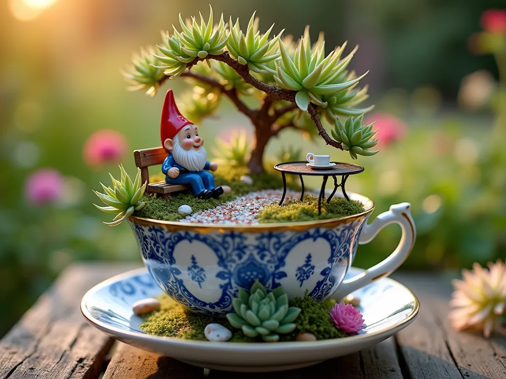 Enchanted Vintage Teacup Fairy Gnome Garden - Close-up shot of a whimsical fairy garden created in an ornate vintage blue and white porcelain teacup, captured during golden hour. A cheerful ceramic gnome in a red hat sits on a tiny wooden bench beneath a miniature copper wire tree adorned with delicate air plants. Pastel-colored succulents in varying sizes create a lush miniature landscape, while a winding pathway made of iridescent crushed seashells leads to a diminutive wrought iron table set for tea. Small crystals and moss-covered stones add magical touches, with subtle afternoon sunlight filtering through, creating enchanting shadows across the miniature scene. The teacup sits on a weathered wooden garden table surrounded by blooming flowers, creating a dreamy outdoor vignette.