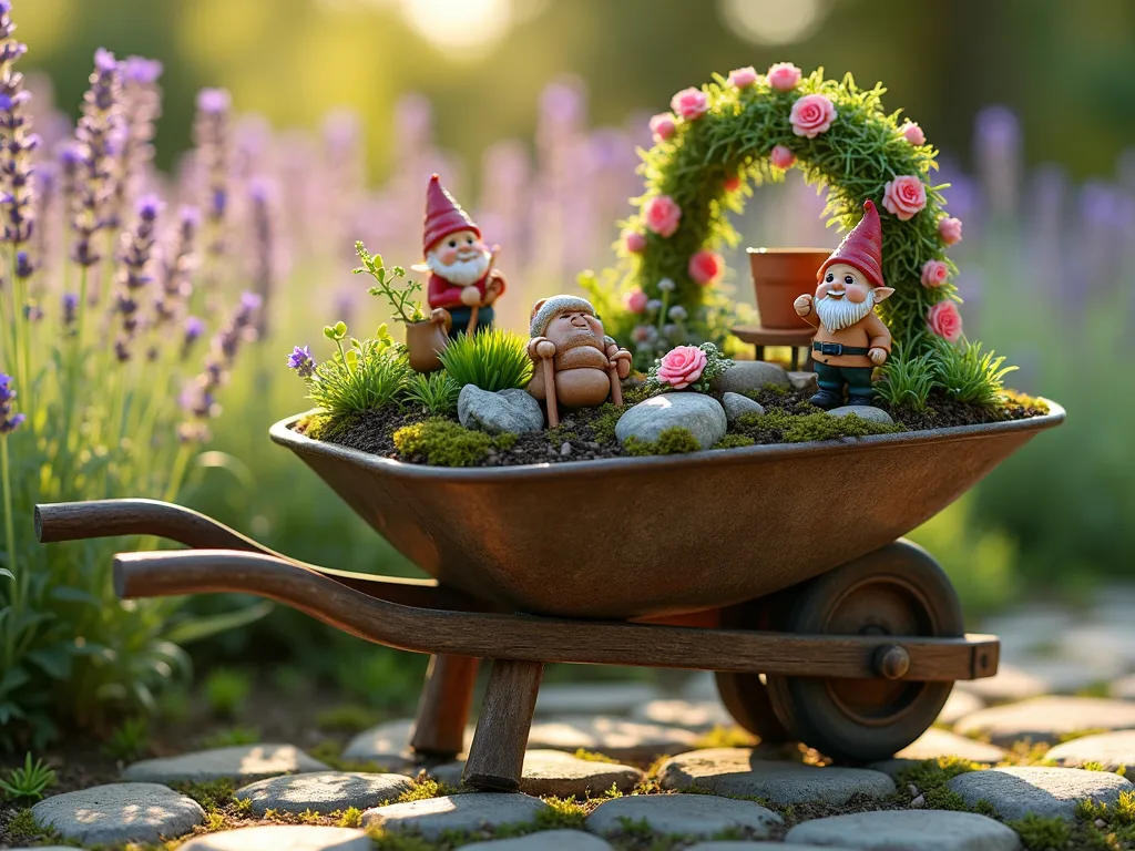 Enchanted Wheelbarrow Gnome Garden at Dawn - A close-up shot of a rustic vintage wheelbarrow transformed into a whimsical fairy garden, bathed in soft morning light. The wheelbarrow features multiple tiers created with moss-covered rocks and rich soil. Miniature thyme and baby tears cascade over the edges, while tiny succulents and dwarf mondo grass create depth. Three hand-painted garden gnomes are positioned throughout: one pushing a tiny copper watering can, another resting on a small stone bench, and a third tending to miniature pink roses. The scene includes carefully placed accessories: a tiny wooden ladder, miniature terracotta pots, and a diminutive garden archway wrapped in baby fairy roses. Dewdrops glisten on the plants as golden morning light filters through, creating a magical atmosphere. The wheelbarrow sits on a cobblestone garden path with mature lavender plants softly blurred in the background. Photorealistic, magical atmosphere, depth of field, 4K, detailed texture.