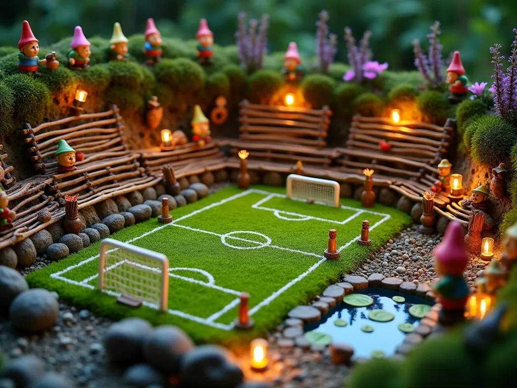 Whimsical Gnome Sports Garden Arena at Dusk - A magical miniature sports complex in a backyard garden setting at dusk, shot with a wide-angle lens. A meticulously crafted tiny soccer field with grass trimmed to perfection sits in the foreground, complete with goal posts made from twigs. To the right, a clay tennis court bordered by moss features gnomes mid-match. A natural stone pool with lily pads decorates the left side, where swimmer gnomes dive playfully. Rustic bleachers crafted from bark and twigs rise in tiers around the venues, filled with colorful ceramic spectator gnomes in various poses of excitement. The scene is illuminated by tiny lanterns made from acorns, casting a warm golden glow. Miniature sports equipment and trophy displays add authentic detail. The background features a living wall of dwarf mondo grass and Irish moss, with small flowering thyme creating natural borders between venues. Shot with a 16-35mm lens at f/2.8, ISO 400, capturing the enchanting atmosphere and intricate details of this whimsical sports complex.