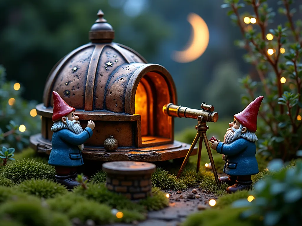 Magical Gnome Observatory at Twilight - A close-up magical photograph of a miniature gnome observatory nestled in a lush garden corner, captured during twilight. The observatory features a meticulously crafted copper dome that's partially rotating to reveal a tiny brass telescope. Two detailed ceramic gnome astronomers in blue robes and pointed hats peer through miniature instruments, while glow-in-the-dark stars and constellations sparkle on the observatory's walls. The structure is surrounded by dwarf mondo grass and tiny fairy lights, creating a mystical scientific atmosphere. Delicate moss covers the base, with miniature star charts and celestial instruments scattered around. The scene is photographed with soft bokeh effects in the background where fairy lights twinkle among creeping thyme. A crescent moon is visible in the darkening sky, adding to the enchanting atmosphere. Shot with a wide-angle lens at f/8, capturing rich details and the magical evening ambiance.