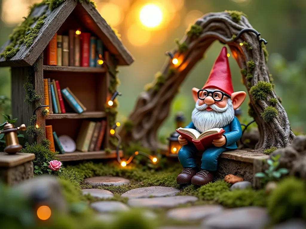 Magical Gnome Reading Garden - A whimsical close-up shot of a miniature fairy garden reading nook at golden hour, featuring a weathered wooden tiny library structure with a moss-covered roof. A scholarly gnome with wire-rimmed glasses sits on a handcrafted stone bench, reading a tiny leather-bound book. Surrounding the scene are miniature bookshelves made from twisting tree roots, adorned with weatherproof mini books. Delicate fairy lights weave through miniature climbing ivy and small flowering plants. Tiny copper lanterns cast a warm glow on rustic reading benches tucked beneath a natural archway of dwarf boxwood. Scattered magical elements include tiny scrolls, brass telescopes, and crystal formations. Shot with shallow depth of field highlighting the intricate details, with a soft bokeh effect in the background created by the setting sun filtering through garden foliage. Professional DSLR photograph with perfect exposure and natural lighting.