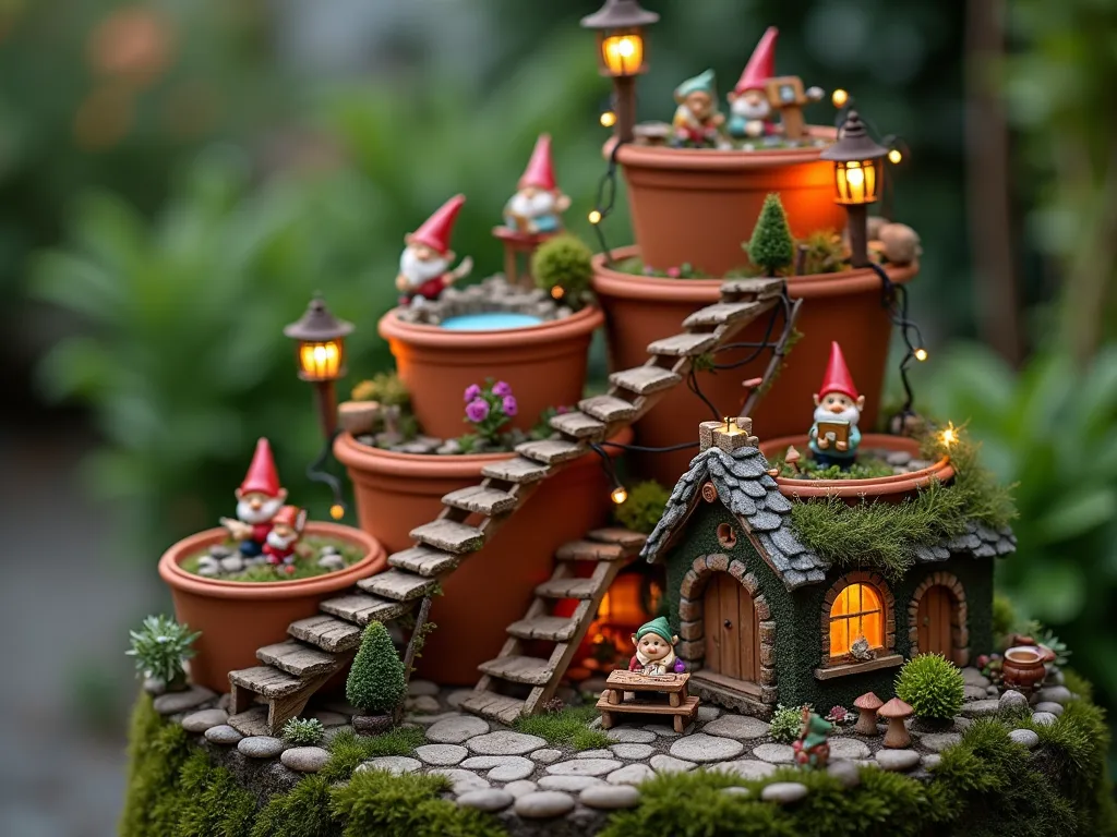 Enchanted Tiered Gnome Village at Dusk - A magical close-up shot of a whimsical tiered gnome village at dusk, photographed with a 16-35mm lens at f/2.8, ISO 400. Five rustic terracotta pots of descending sizes create a stepped village effect against a blurred garden background. Tiny handcrafted pebble staircases with wooden railings connect each level, softly illuminated by miniature lanterns. The top tier features a gnome tending to a tiny herb garden with thyme and miniature roses, the middle tiers show gnomes fishing in a small pond and painting at tiny easels, while the bottom tier reveals a gnome family having tea in front of a moss-covered cottage. Each level is adorned with miniature accessories including tiny wooden benches, weathered wheelbarrows, and diminutive garden tools. Delicate fairy lights weave through the entire display, creating a warm, ethereal glow as twilight settles. Small clusters of woodland mushrooms, tiny evergreen shrubs, and cascading creeping thyme soften the edges of each tier.