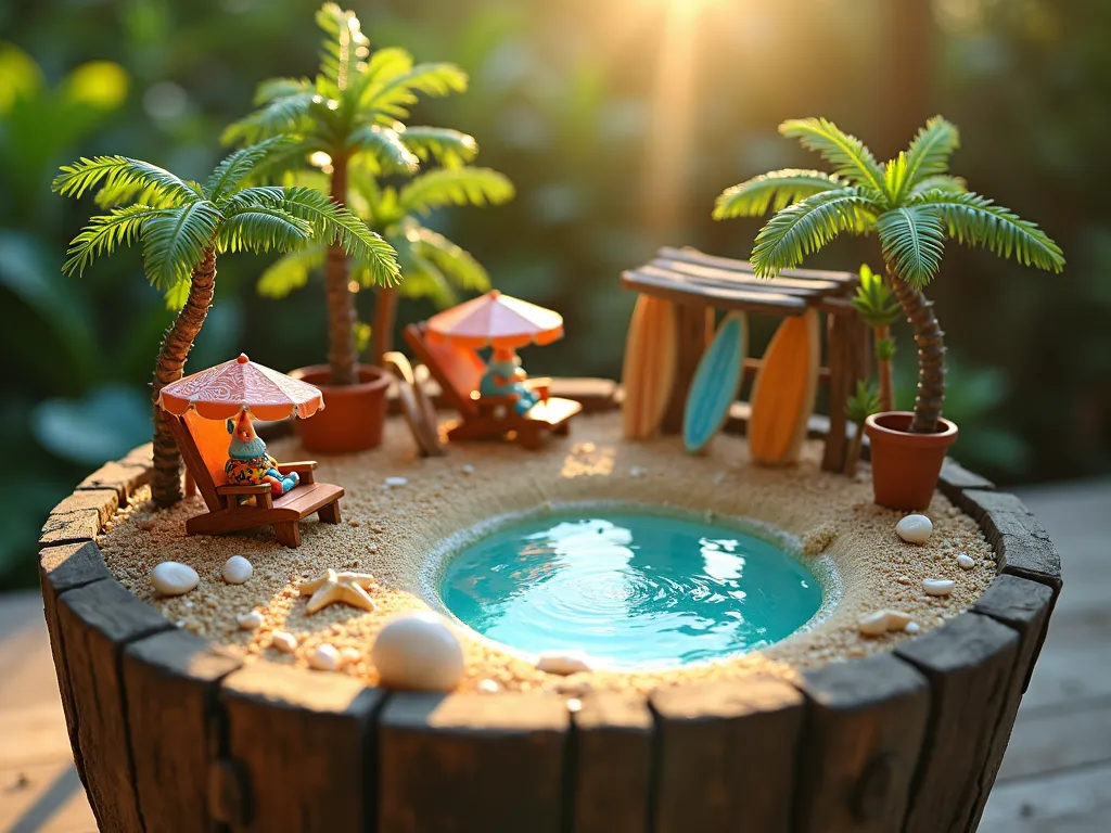 Tropical Gnome Beach Paradise Mini Garden - A magical miniature beach paradise nestled in a weathered wooden planter on a sun-dappled garden patio, photographed during golden hour. A carefully crafted sandy beach scene features tiny gnomes in colorful Hawaiian shirts lounging on miniature wooden beach chairs beneath small fabric umbrellas. Crystal-clear resin creates a small lagoon with gentle ripples, surrounded by crushed seashells and sea glass in turquoise and aqua hues. Miniature potted palm trees cast delicate shadows across the scene, while tiny surfboards lean against a driftwood structure. Decorative starfish and natural beach pebbles add authentic coastal charm. The scene is captured with a shallow depth of field, focusing on the detailed gnome activities while softly blurring the natural garden backdrop, creating a dreamy, enchanted atmosphere. Soft, warm lighting enhances the magical beach vacation ambiance, DSLR, f/8, ISO 100, 1/125