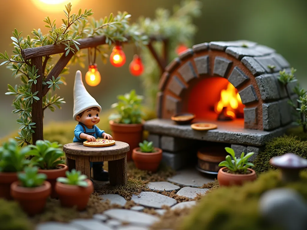 Whimsical Gnome Pizza Kitchen Garden - Close-up magic hour shot of an enchanting miniature garden scene featuring a rustic stone pizza oven with glowing embers, surrounded by weathered terracotta pots of fresh herbs. A cheerful chef gnome in a white hat and apron rolls tiny pizza dough on a wooden table, while companion gnomes gather fresh basil and tomatoes from raised garden beds. Miniature copper cookware and utensils hang from a trellis adorned with climbing thyme. A intimate dining area with moss-covered stone tables and toadstool seats sits beneath twinkling fairy lights strung between miniature olive trees. Soft golden sunset light filters through the scene, creating a magical atmosphere with subtle depth of field. Shot with shallow depth of field focusing on the chef gnome and pizza oven, 16mm, f/2.8, ISO 400.