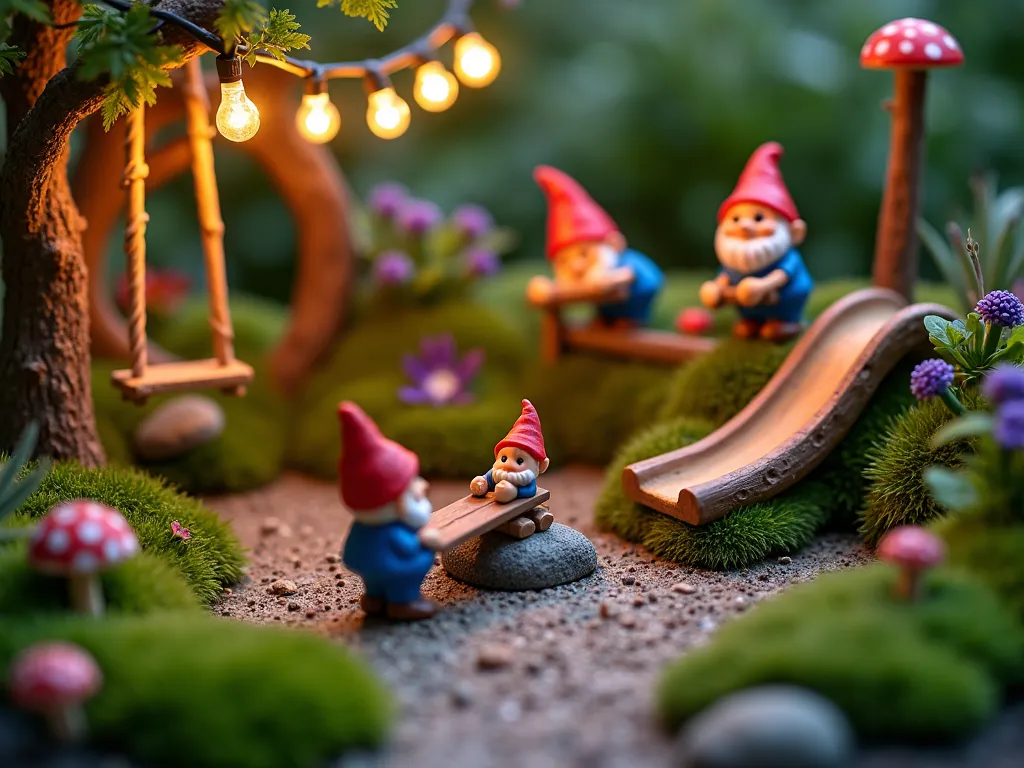 Whimsical Gnome Playground at Twilight - A magical close-up shot of a miniature gnome playground nestled in a garden corner at twilight. Handcrafted playground equipment including a rustic twig swing suspended from a dwarf maple tree, a curved bark slide emerging from a moss-covered mound, and a tiny seesaw made from polished twigs balanced on a smooth river stone. Three child gnomes with red caps and blue overalls playing on the equipment, their faces lit with joy. The playground is surrounded by miniature fairy garden plants, including tiny thyme ground cover creating a soft landing surface, dwarf mondo grass bordering the play area, and baby tears creating a lush backdrop. Twinkling solar micro-lights are strung between small shepherd's hooks, casting a warm, magical glow over the scene. Small colorful toadstools dot the edges of the playground, and a dusting of fine glitter suggests evening dew.