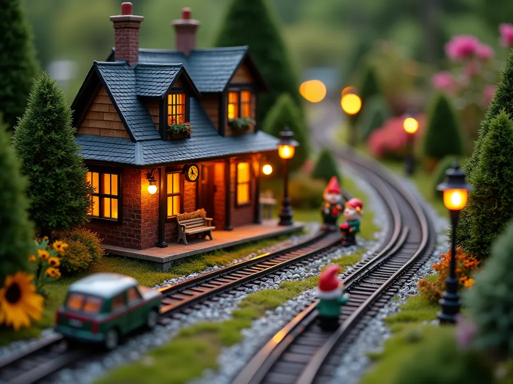 Whimsical Gnome Railway Garden Station at Dusk - A magical miniature garden railway station scene at dusk, photographed in close-up perspective. A charming Victorian-style station building with tiny glowing lanterns sits nestled among dwarf conifers and miniature flowering plants. Small gnomes in conductor uniforms stand on a detailed platform made of tiny stones, while passenger gnomes sit on miniature wooden benches. A delicate model train track winds through the scene, decorated with moss and thyme ground cover. Minute railway signals with working lights add authenticity, while fairy lights twinkle in the background. Miniature evergreen trees and flowering bushes create depth, with small-scale railroad crossing signs and traditional station clock completing the scene. The entire display is artfully integrated into a larger garden setting, with soft evening lighting creating a warm, enchanted atmosphere.