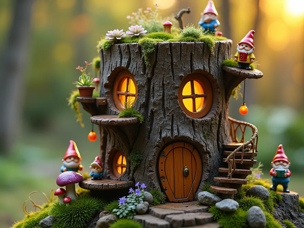 Whimsical Gnome Tree Stump Village at Dawn - A enchanting close-up shot of a weathered oak tree stump transformed into a magical three-story gnome village, captured during golden dawn light. The stump features intricately carved round windows with tiny curtains, wooden doors with brass knockers, and rustic balconies made from twigs. Multiple levels are connected by miniature rope ladders and spiral staircases. The living roof is lush with flowering sedum 'Dragon's Blood' and emerald cushion moss cascading down the sides. Ceramic gnomes in vibrant outfits are positioned throughout: one watering plants on a balcony, another reading a tiny book by a window, and a third climbing the rope ladder. Small mushrooms and wild violets grow around the base, while fairy lights twinkle from the windows. Shot with shallow depth of field highlighting the intricate details while creating a dreamy, bokeh background of the garden beyond.