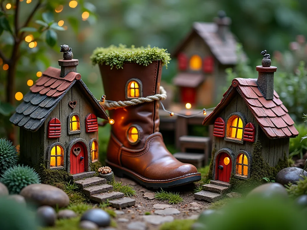 Whimsical Recycled Container Gnome Village - A magical twilight scene of an interconnected gnome village created from recycled containers in a garden corner. A weathered leather boot serves as the central dwelling, adorned with tiny windows and a moss-covered roof. Connected by handcrafted wooden bridges and rope ladders, vintage copper watering cans and aged terracotta pots form additional charming homes. Soft fairy lights twinkle between the dwellings, creating a warm glow. Miniature gardening tools and tiny clotheslines add authentic detail. The village is surrounded by dwarf mondo grass, creeping thyme, and baby tears plants, with small-scale garden accessories like wheelbarrows and watering cans. Shot with a shallow depth of field focusing on the intricate details, while capturing the magical atmosphere of dusk. Professional DSLR photography with perfect exposure and natural lighting enhancing the whimsical scene.