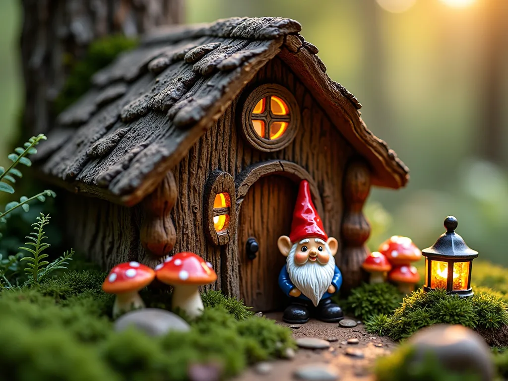 Enchanted Woodland Gnome Log Cottage - Close-up, magical dusk scene of a charming fairy garden featuring a hollowed ancient oak log transformed into a cozy gnome cottage. The log cottage has a whimsical thatched roof crafted from dried pine needles and bark, with tiny glowing windows featuring rustic wooden cross-hatching. A cheerful ceramic gnome in traditional red hat stands proudly at the arched doorway. The cottage is nestled in a lush garden setting with clusters of tiny red and white spotted mushrooms, carpet of emerald moss, and delicate maidenhair ferns creating a mystical forest floor. Soft golden evening light filters through the scene, creating magical shadows and highlighting dewdrops on the vegetation. Small lanterns with warm amber light flank the cottage entrance, creating a cozy and inviting atmosphere.