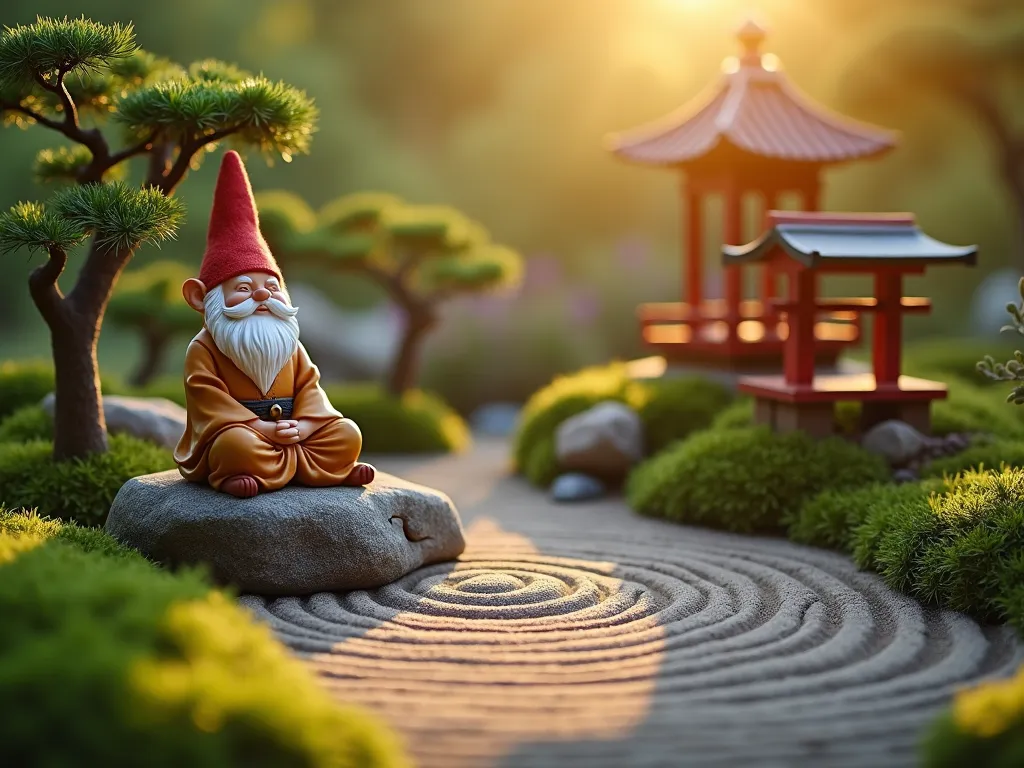 Zen Gnome Meditation Garden - DSLR photo, f/8, ISO 100, 1/125s, late afternoon golden hour lighting illuminating a serene miniature Japanese zen garden. A peaceful meditation gnome sits cross-legged on a moss-covered stone, wearing traditional monk robes in earthy tones. Surrounding the gnome is a meticulously raked mini sand garden with concentric circles, bordered by small polished river stones. Two small bonsai juniper trees frame the scene, their branches casting gentle shadows. A tiny red wooden pagoda and stone lantern emit a soft glow in the background. Miniature bamboo creates natural boundaries while patches of fresh moss add vibrant green accents. The scene is captured from a low angle, emphasizing the tranquil atmosphere with shallow depth of field highlighting the meditating gnome. Mist gently rises around the edges of the garden, creating an ethereal atmosphere.