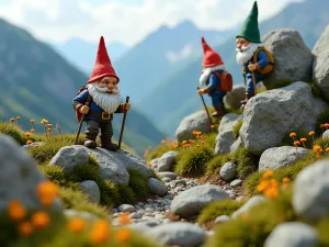 Alpine Gnome Mountain - Wide shot of a rockery designed as a miniature mountain landscape with gnomes climbing and hiking among alpine plants and creating a mountaineering scene