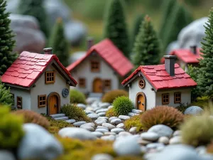 Alpine Gnome Retreat - Close-up of a mountain-themed gnome village with rock gardens and alpine plants. Tiny chalets with red roofs and white walls, surrounded by miniature pine trees