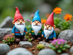 Alpine Gnome Rock Garden - Close-up of colorful garden gnomes positioned among rock formations and alpine plants, with succulents and small flowering plants creating a mountainous micro-landscape