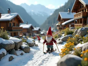 Alpine Gnome Village - Wide-angle view of a miniature alpine village with gnomes skiing down tiny slopes, rock gardens with small alpine flowers, and chalets made from natural materials