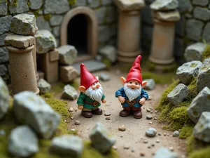 Ancient Ruins Gnome Garden - Aerial view of gnomes exploring a miniature ancient ruins setting with tiny broken columns, moss-covered stones, and archaeological-themed accessories