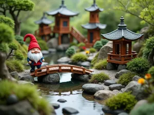 Asian-Inspired Gnome Sanctuary - Wide angle view of a zen-inspired gnome village with miniature pagodas and bridges. Tiny rock gardens, bonsai trees, and peaceful water features